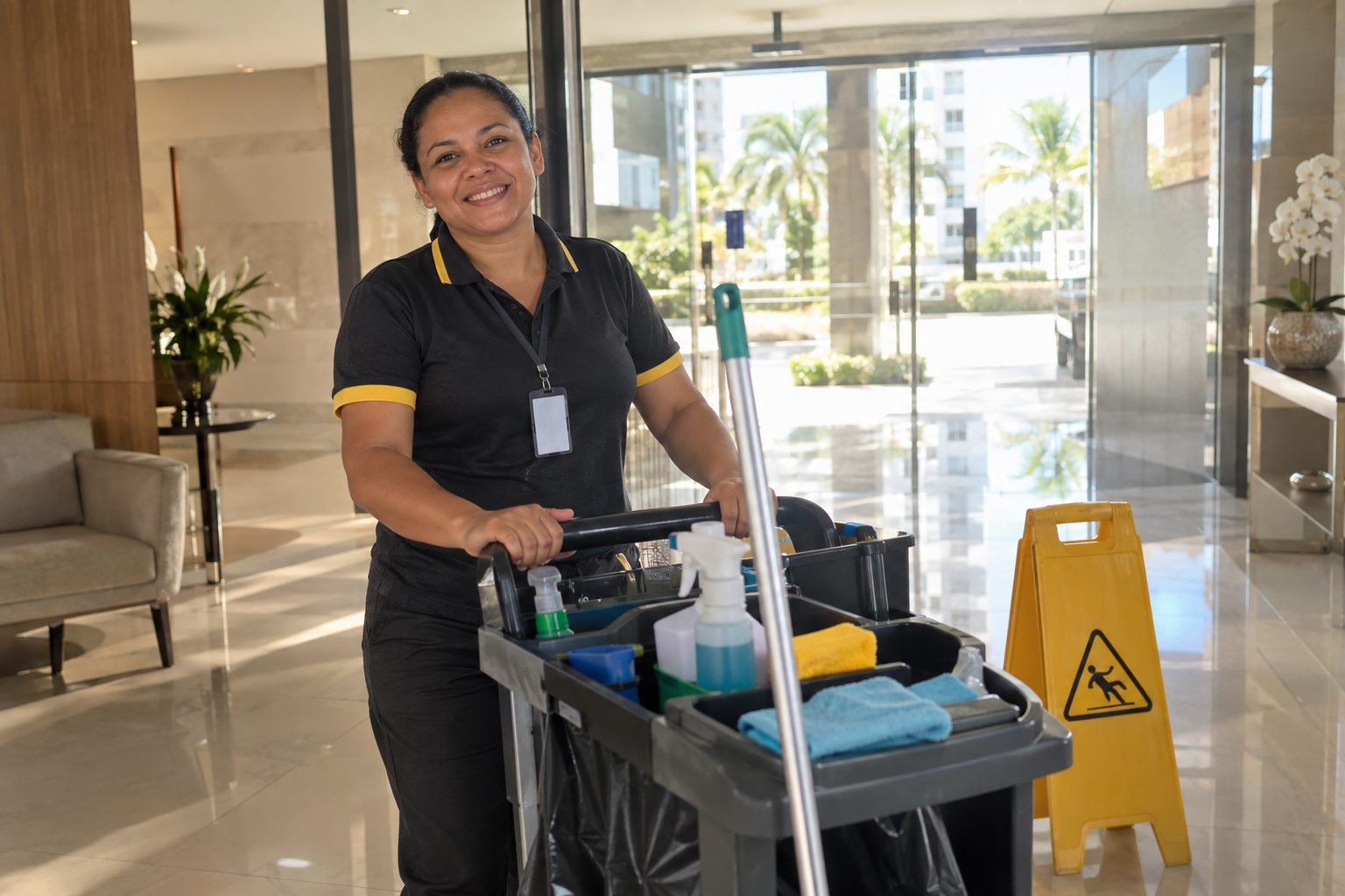 Auxiliar de limpeza no hall do condomínio