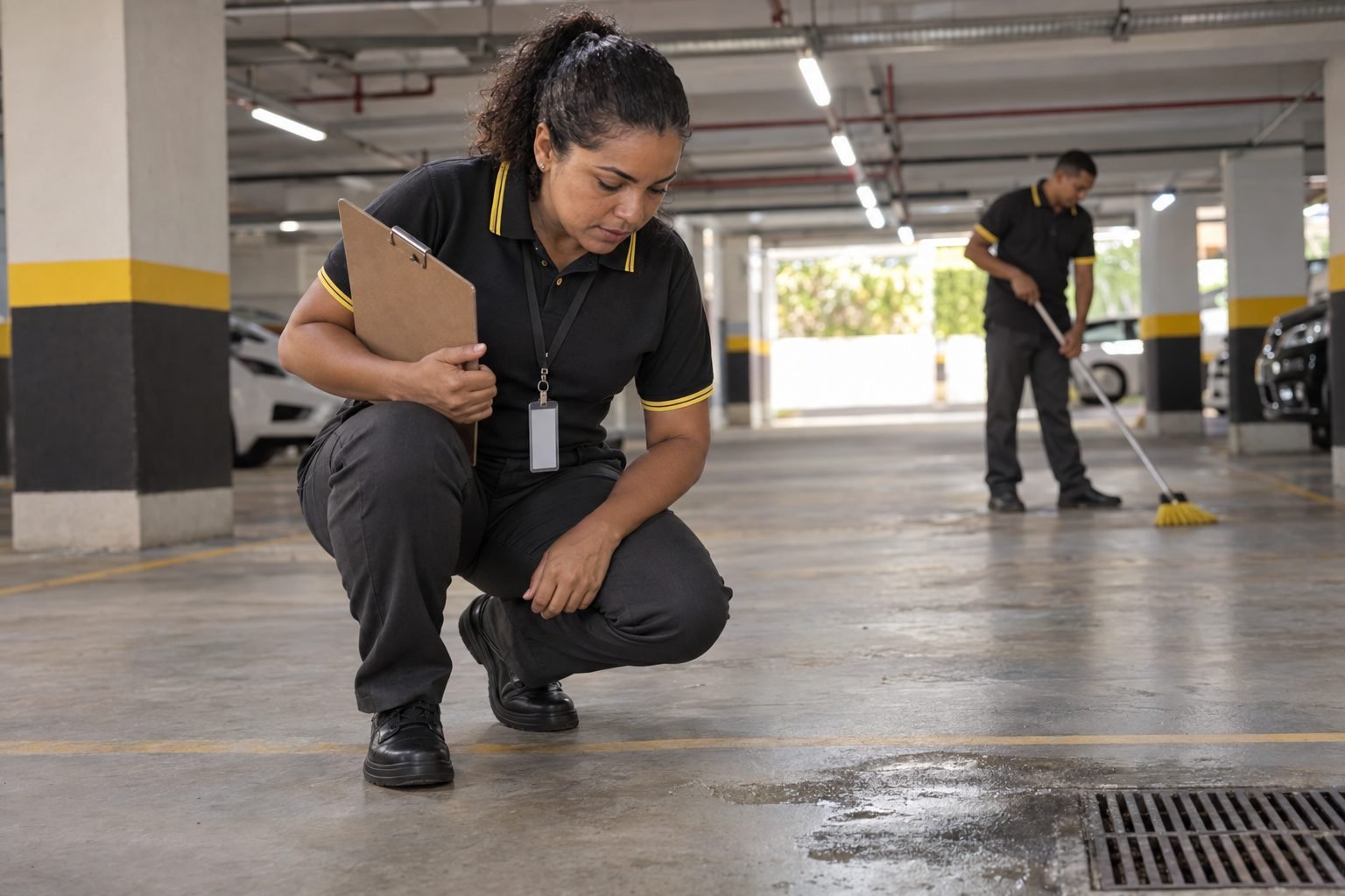 Supervisora vistoriando a garagem